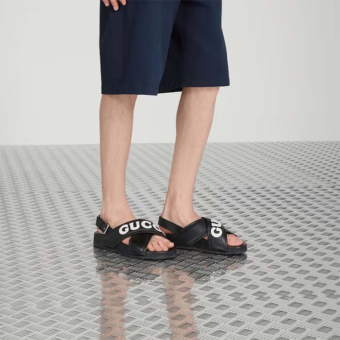 G*u*i unisex gg G*u*i sandal smooth black white leather script rubber buckle flat