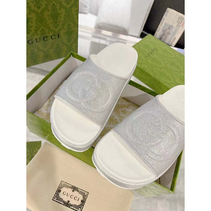 G*u*i unisex gg interlocking g slide sandal metallic silver rubber low 4.3 cm heel