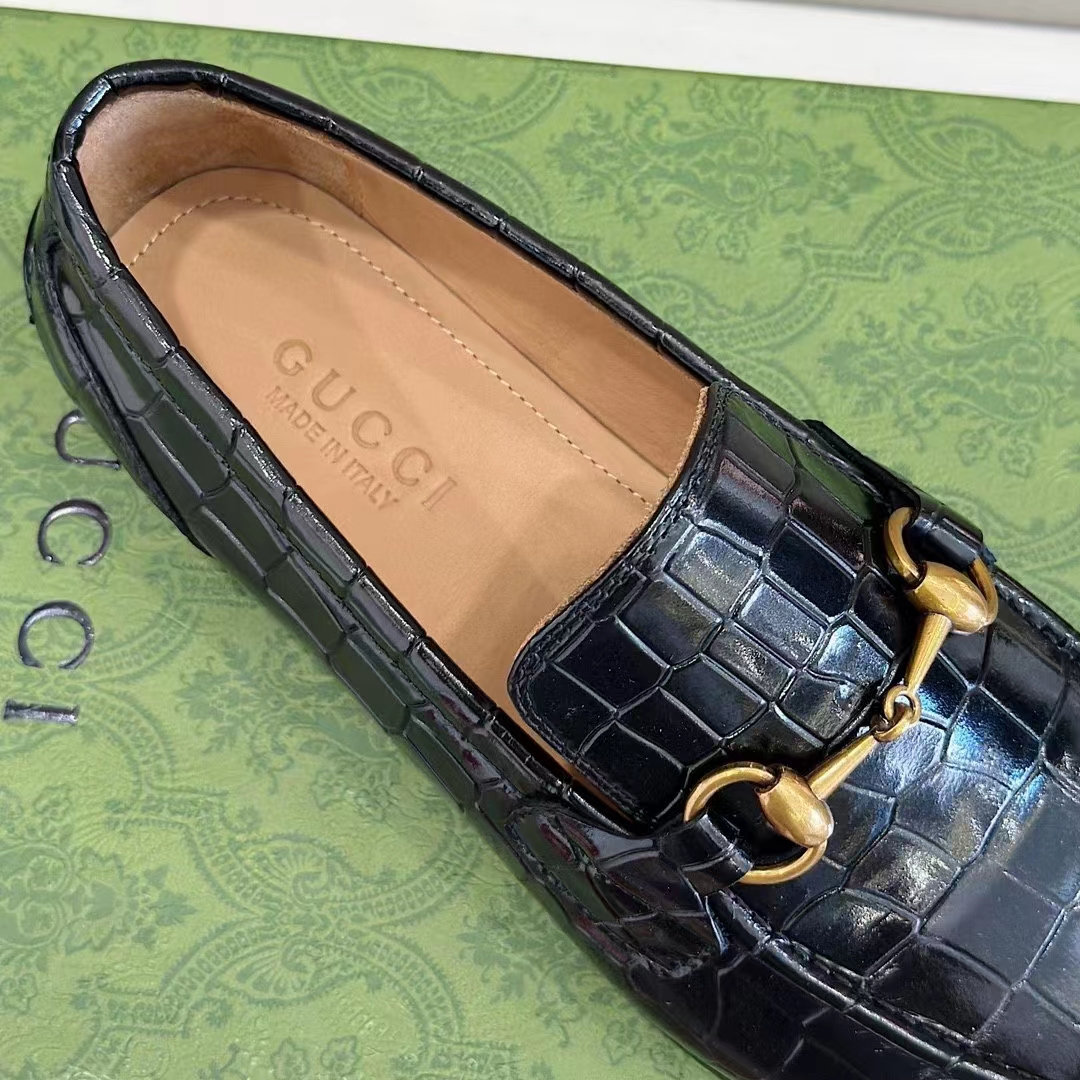 G*u*i unisex gg jordaan crocodile loafer blake construction black horsebit leather flat 1 cm heel