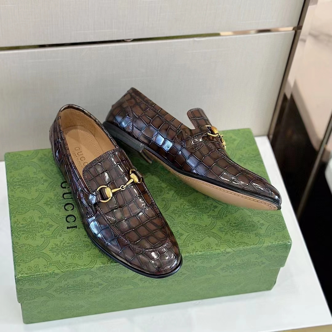G*u*i unisex gg jordaan crocodile loafer blake construction brown horsebit leather flat 1 cm heel