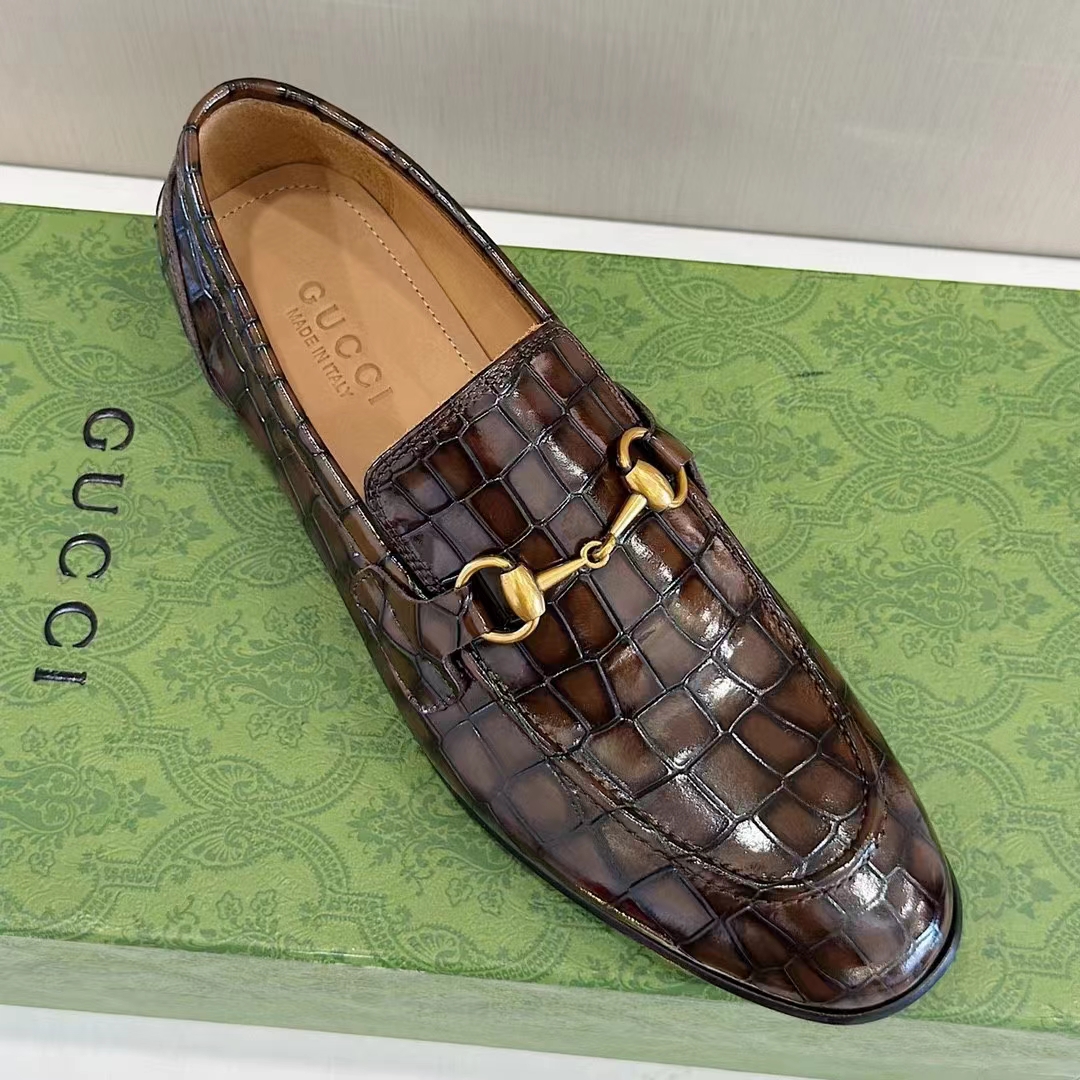 G*u*i unisex gg jordaan crocodile loafer blake construction brown horsebit leather flat 1 cm heel