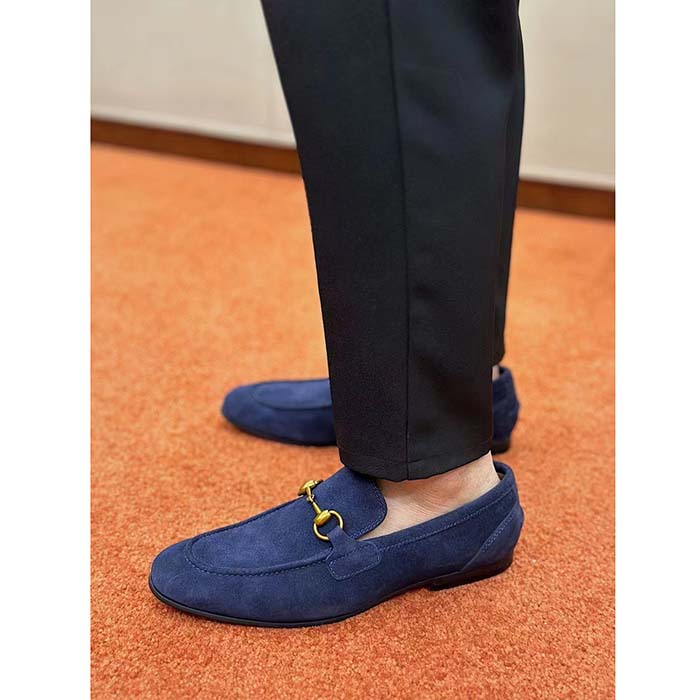 G*u*i unisex gg jordaan loafer deep blue suede horsebit slim shape leather flat