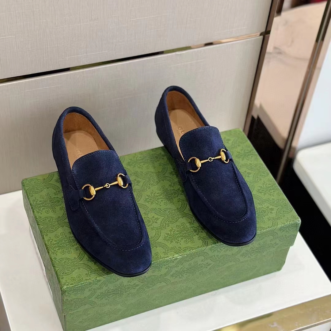 G*u*i unisex gg jordaan loafer deep blue suede horsebit slim shape leather flat