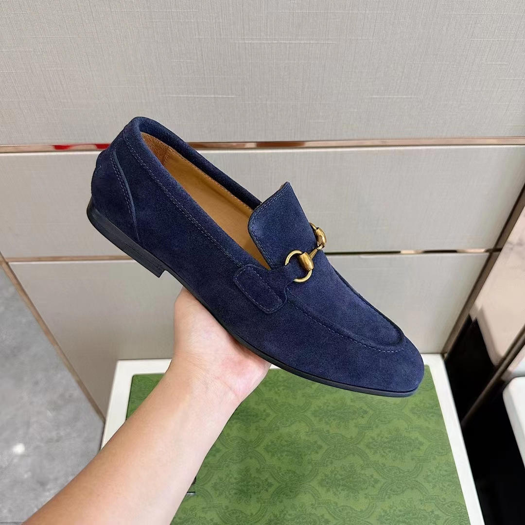 G*u*i unisex gg jordaan loafer deep blue suede horsebit slim shape leather flat