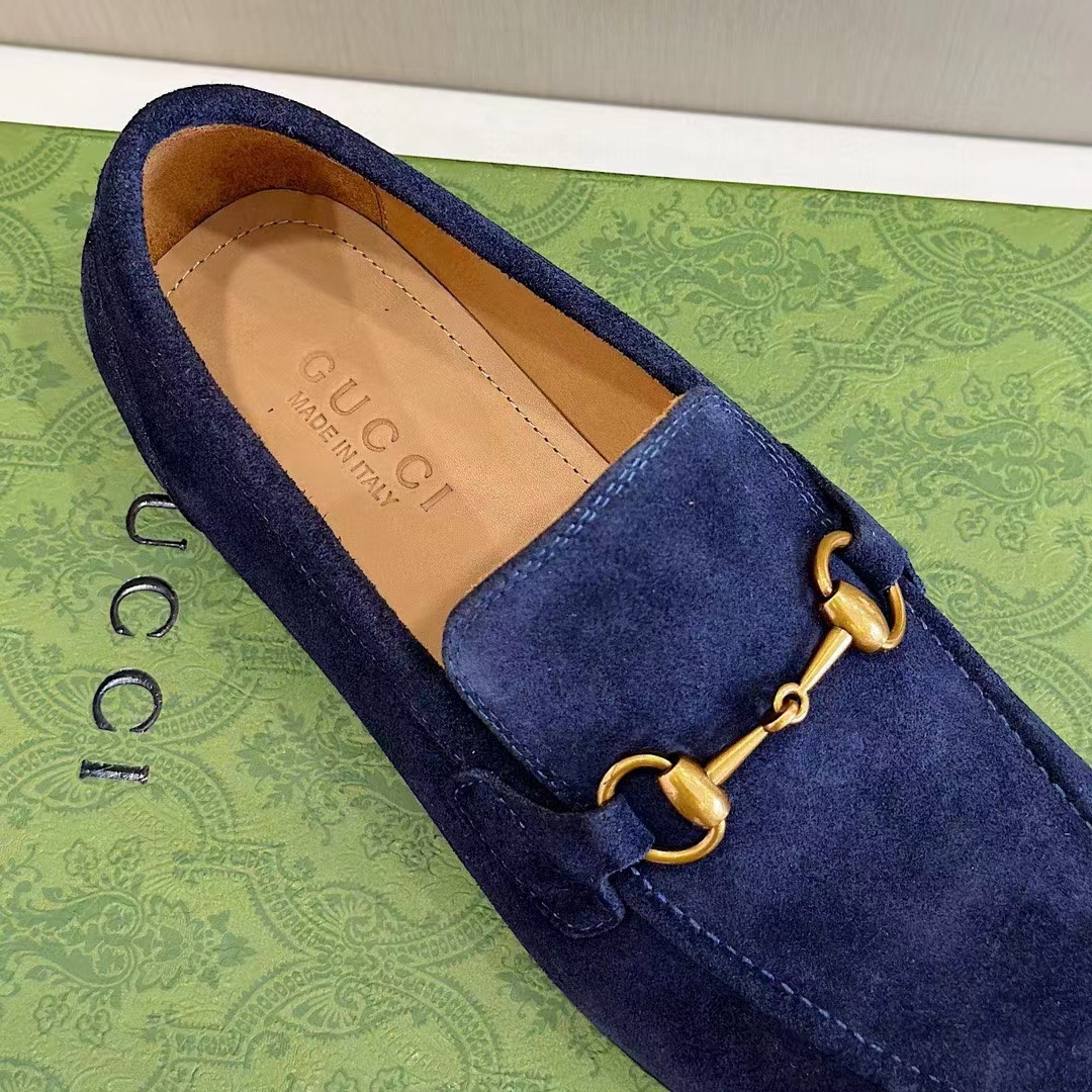 G*u*i unisex gg jordaan loafer deep blue suede horsebit slim shape leather flat
