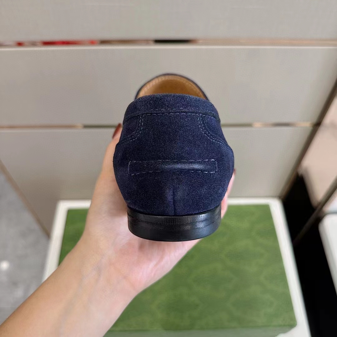 G*u*i unisex gg jordaan loafer deep blue suede horsebit slim shape leather flat