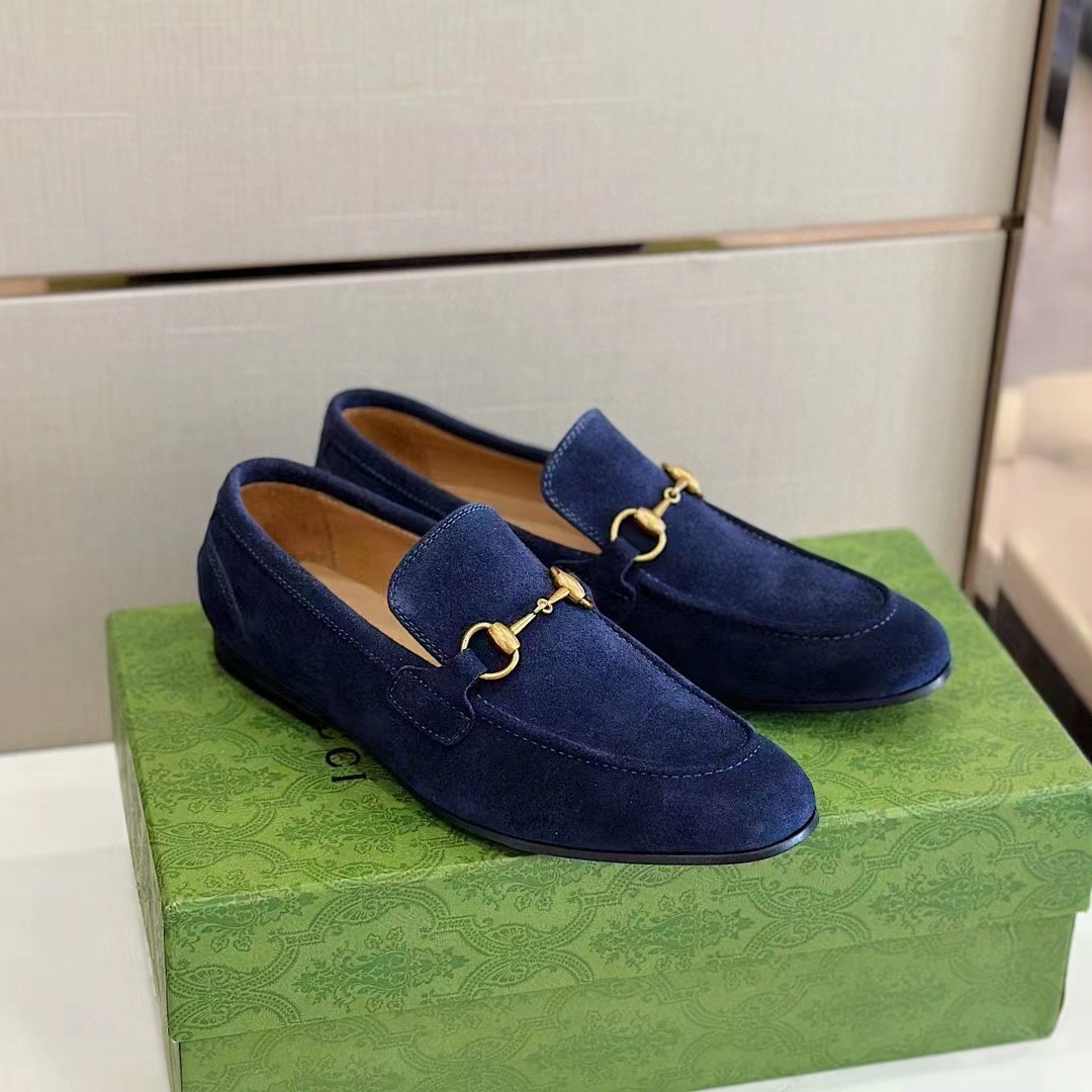 G*u*i unisex gg jordaan loafer deep blue suede horsebit slim shape leather flat