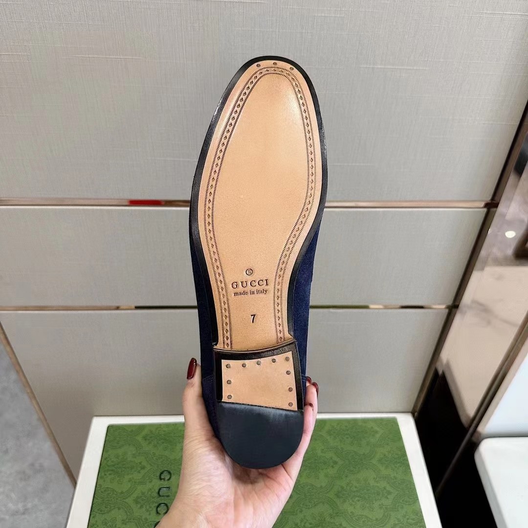 G*u*i unisex gg jordaan loafer deep blue suede horsebit slim shape leather flat