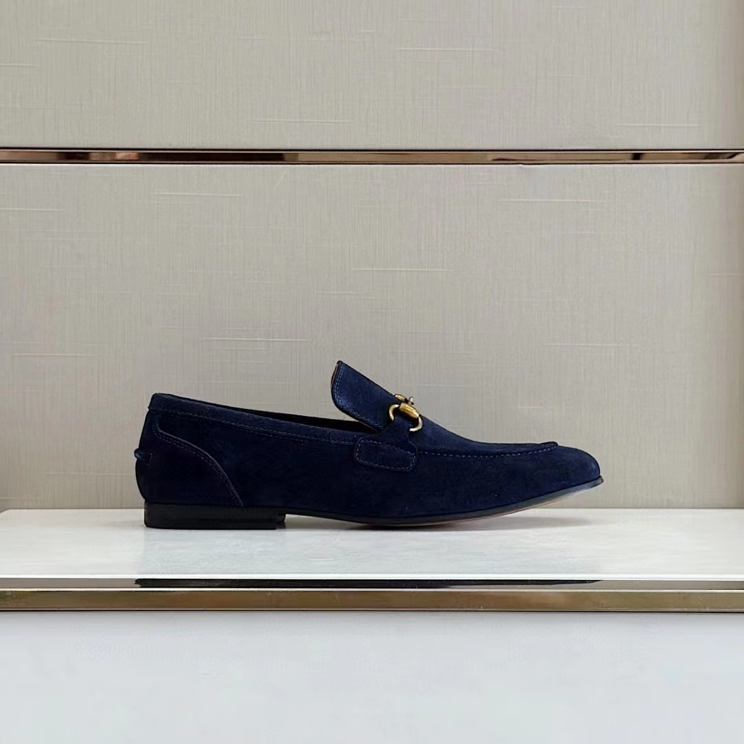 G*u*i unisex gg jordaan loafer deep blue suede horsebit slim shape leather flat