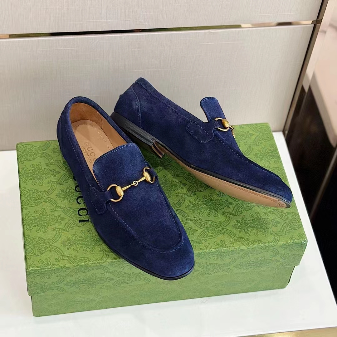 G*u*i unisex gg jordaan loafer deep blue suede horsebit slim shape leather flat