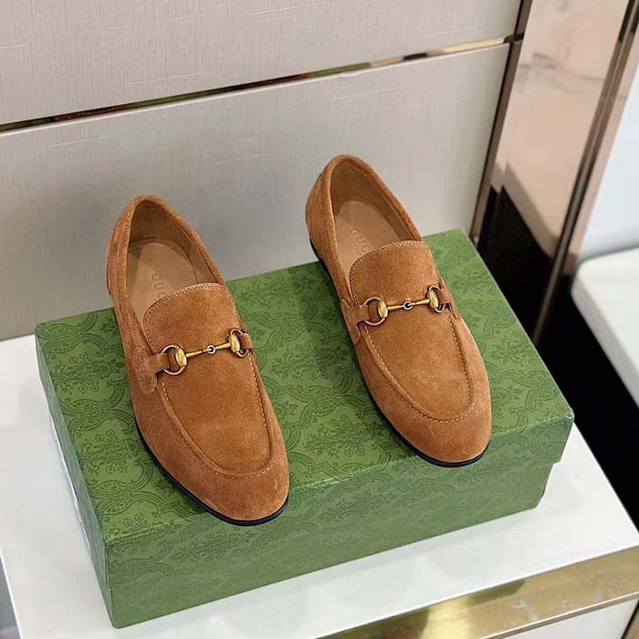 G*u*i unisex gg jordaan loafer light brown suede horsebit slim shape leather flat