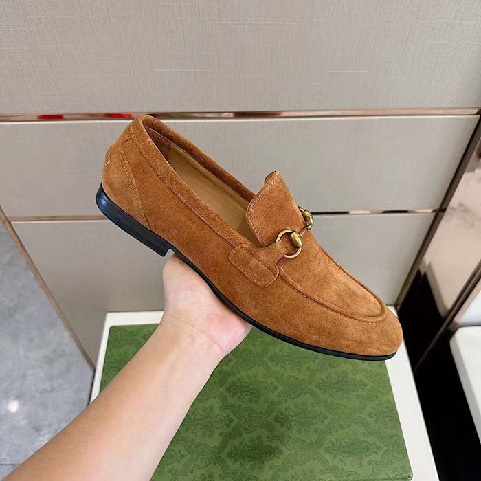 G*u*i unisex gg jordaan loafer light brown suede horsebit slim shape leather flat