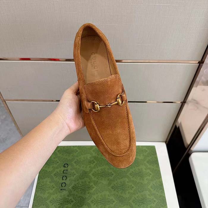 G*u*i unisex gg jordaan loafer light brown suede horsebit slim shape leather flat