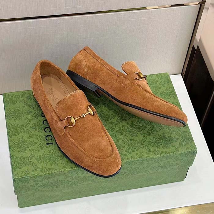 G*u*i unisex gg jordaan loafer light brown suede horsebit slim shape leather flat