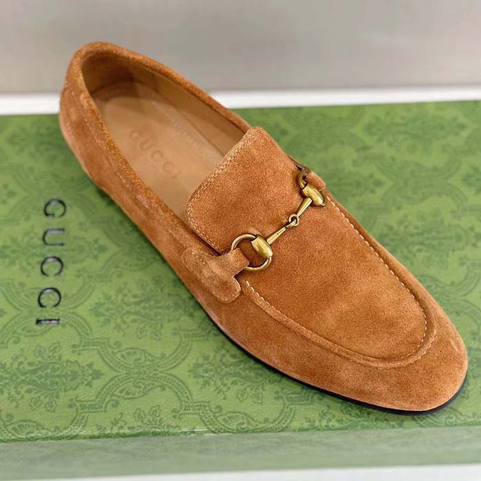 G*u*i unisex gg jordaan loafer light brown suede horsebit slim shape leather flat