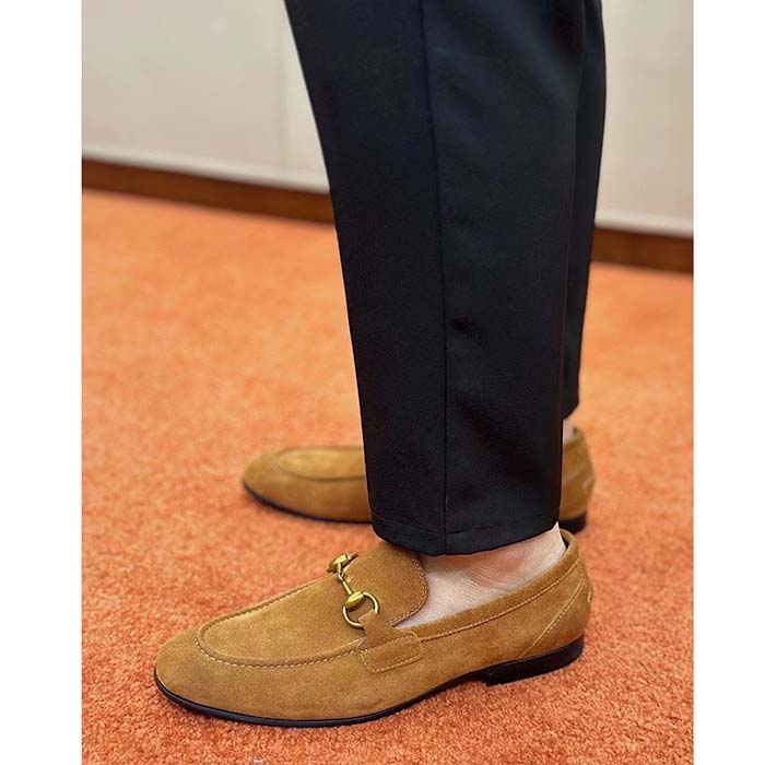 G*u*i unisex gg jordaan loafer light brown suede horsebit slim shape leather flat