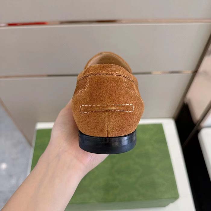 G*u*i unisex gg jordaan loafer light brown suede horsebit slim shape leather flat