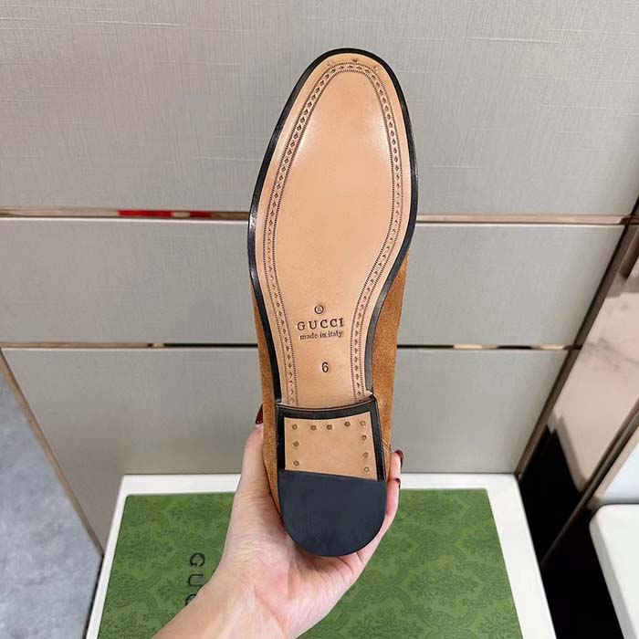 G*u*i unisex gg jordaan loafer light brown suede horsebit slim shape leather flat