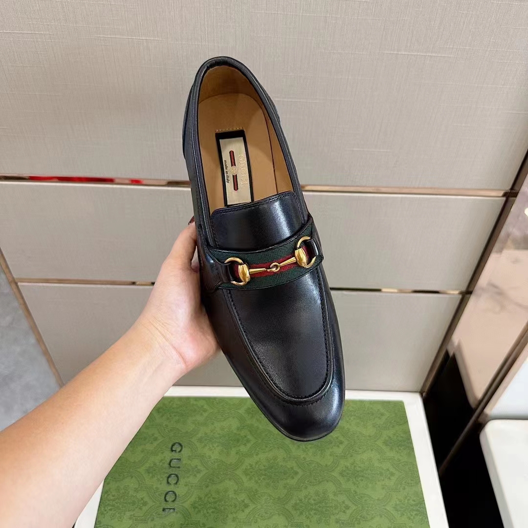 G*u*i unisex gg loafer horsebit soft black leather web sole flat 1.5 cm heel