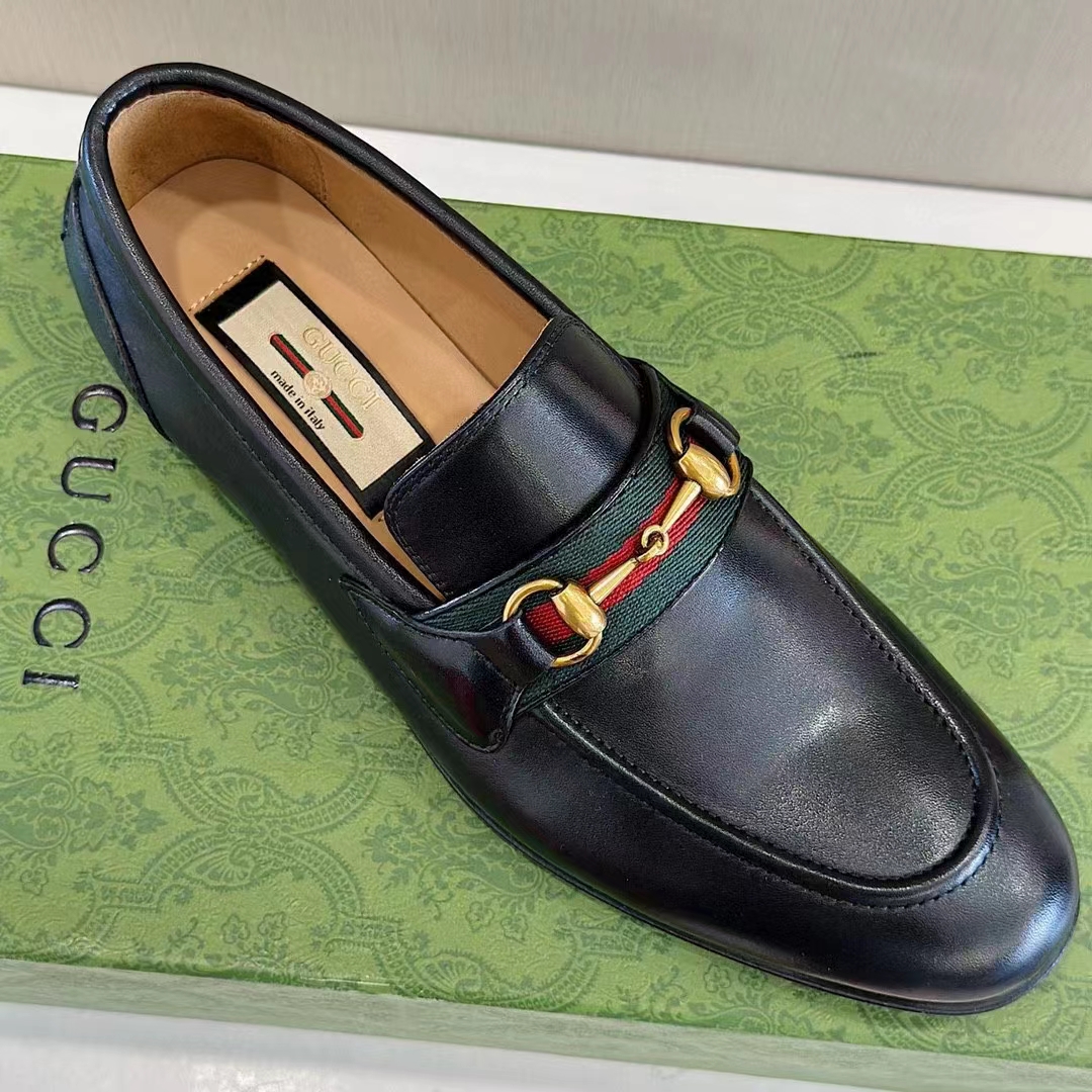 G*u*i unisex gg loafer horsebit soft black leather web sole flat 1.5 cm heel