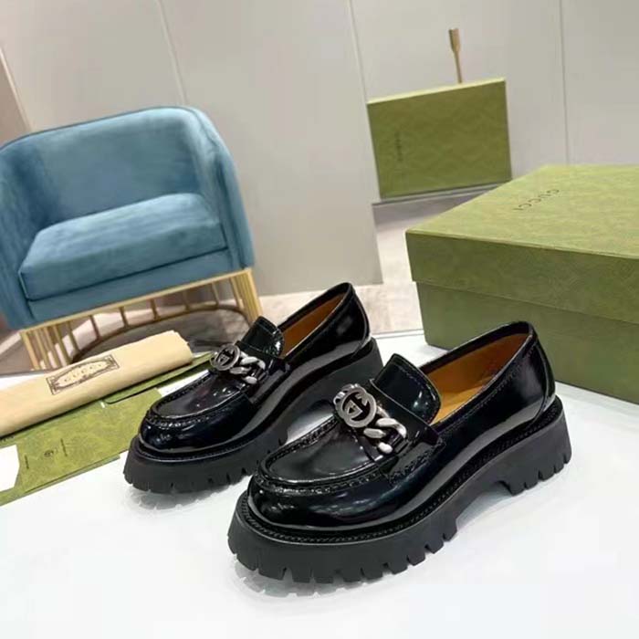 G*u*i unisex gg loafer interlocking g black leather rubber lug mid 4.3 cm heel