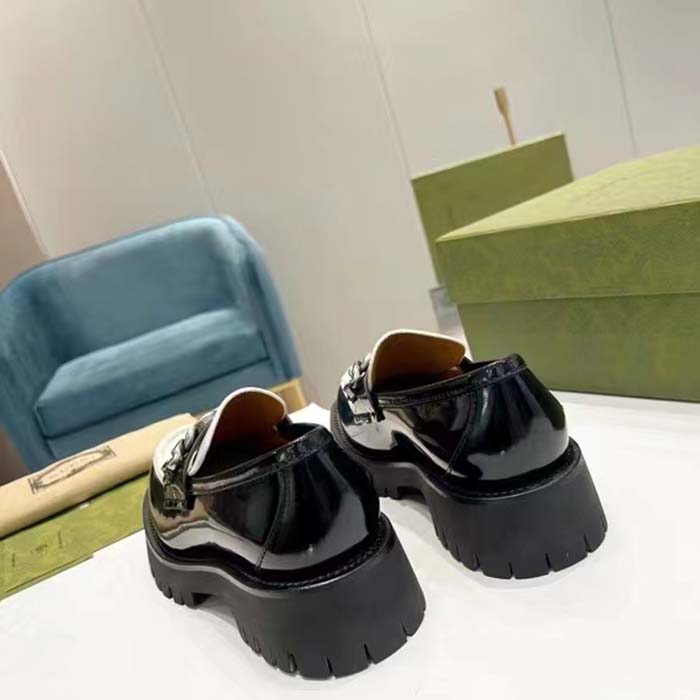 G*u*i unisex gg loafer interlocking g black off white leather rubber lug mid 4.3 cm heel