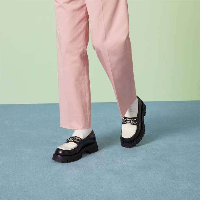 G*u*i unisex gg loafer interlocking g black off white leather rubber lug mid 4.3 cm heel