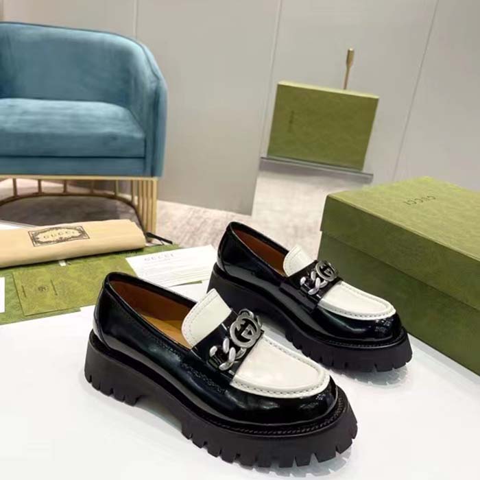 G*u*i unisex gg loafer interlocking g black off white leather rubber lug mid 4.3 cm heel
