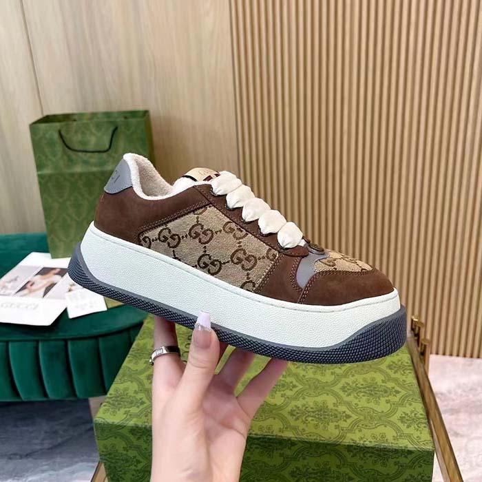G*u*i unisex gg screener sneaker beige ebony original gg canvas bi-color chunky laces