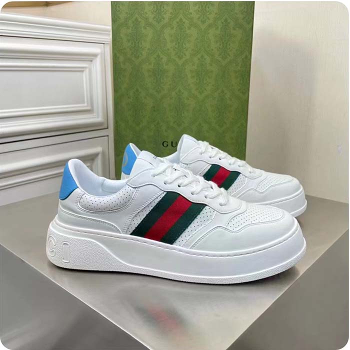 G*u*i unisex gg sneaker web white leather blue lace-up flat
