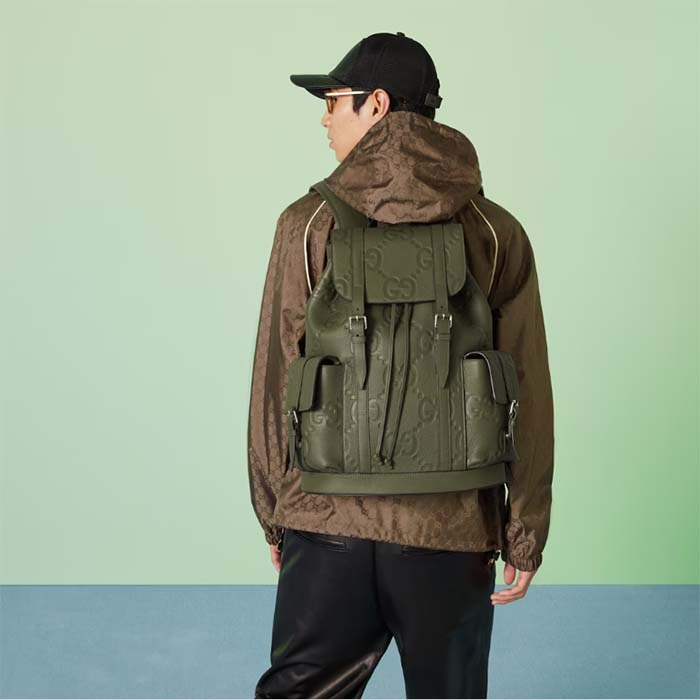 G*u*i unisex jumbo gg backpack dark green leather cotton linen top handle