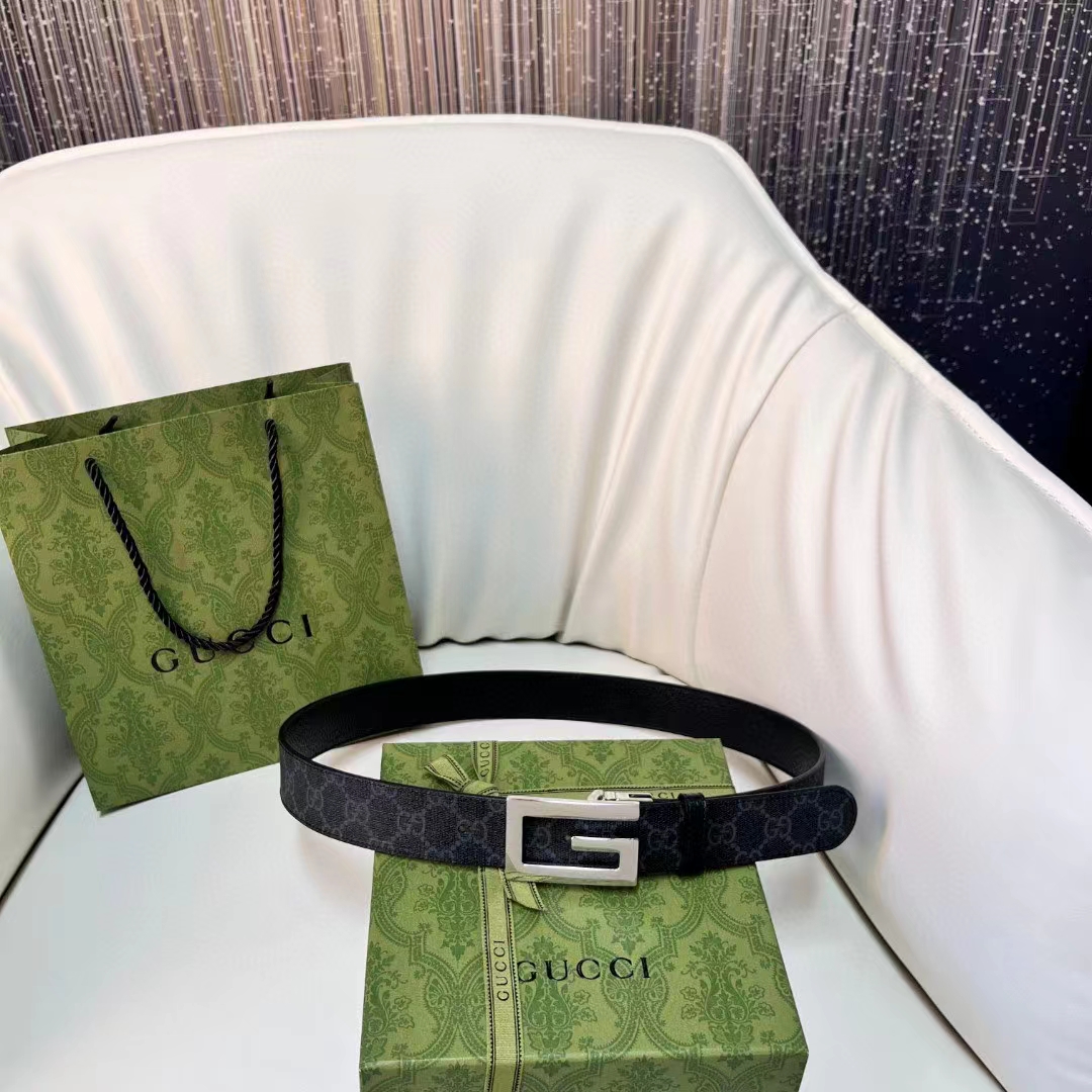 G*u*i unisex reversible belt square g buckle black gg supreme canvas reverses leather