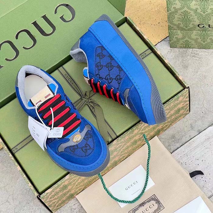 G*u*i unisex screener gg sneaker blue black canvas suede dark grey leather low heel