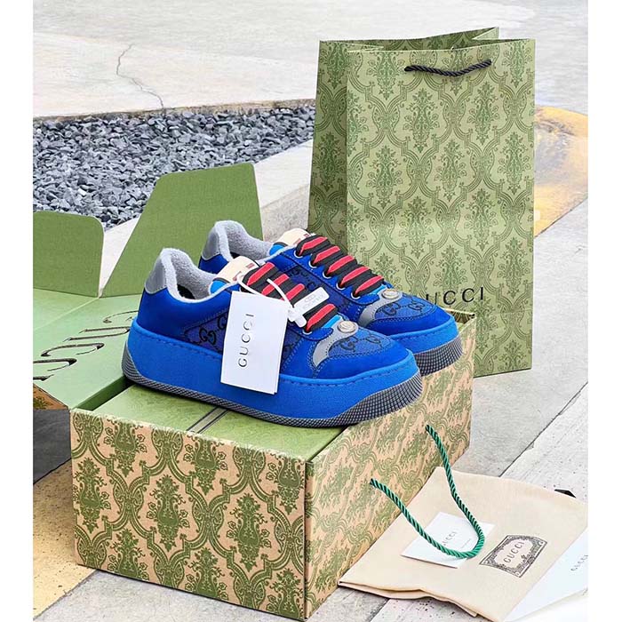 G*u*i unisex screener gg sneaker blue black canvas suede dark grey leather low heel