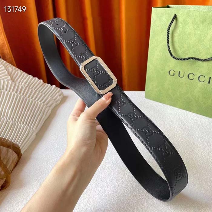 G*u*i unisex signature leather belt black leather rectangular buckle trademark 3.8 cm width