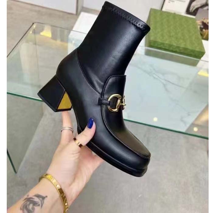 G*u*i women boot horsebit black smooth stretch leather gold plated block mid heel