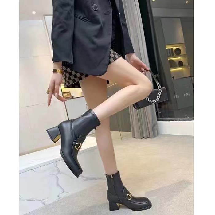 G*u*i women boot horsebit black smooth stretch leather gold plated block mid heel
