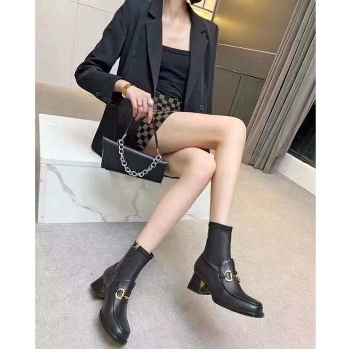 G*u*i women boot horsebit black smooth stretch leather gold plated block mid heel