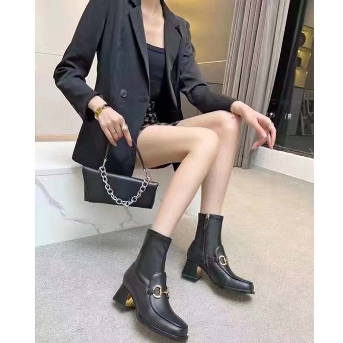 G*u*i women boot horsebit black smooth stretch leather gold plated block mid heel
