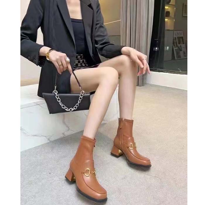 G*u*i women boot horsebit brown smooth stretch leather gold plated block mid heel