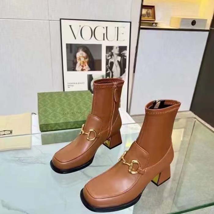 G*u*i women boot horsebit brown smooth stretch leather gold plated block mid heel