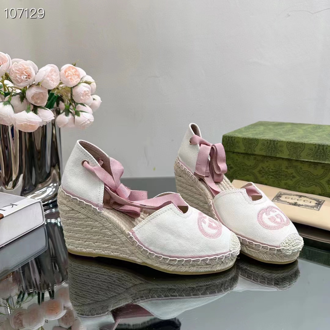 G*u*i women espadrilles ribbon tie white cotton canvas pink interlocking g embroidery