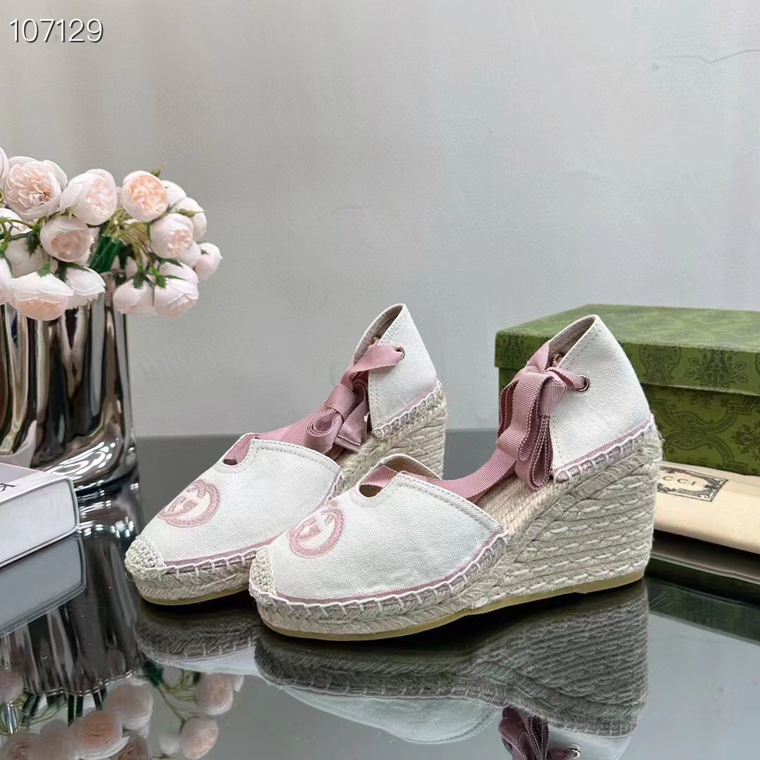 G*u*i women espadrilles ribbon tie white cotton canvas pink interlocking g embroidery