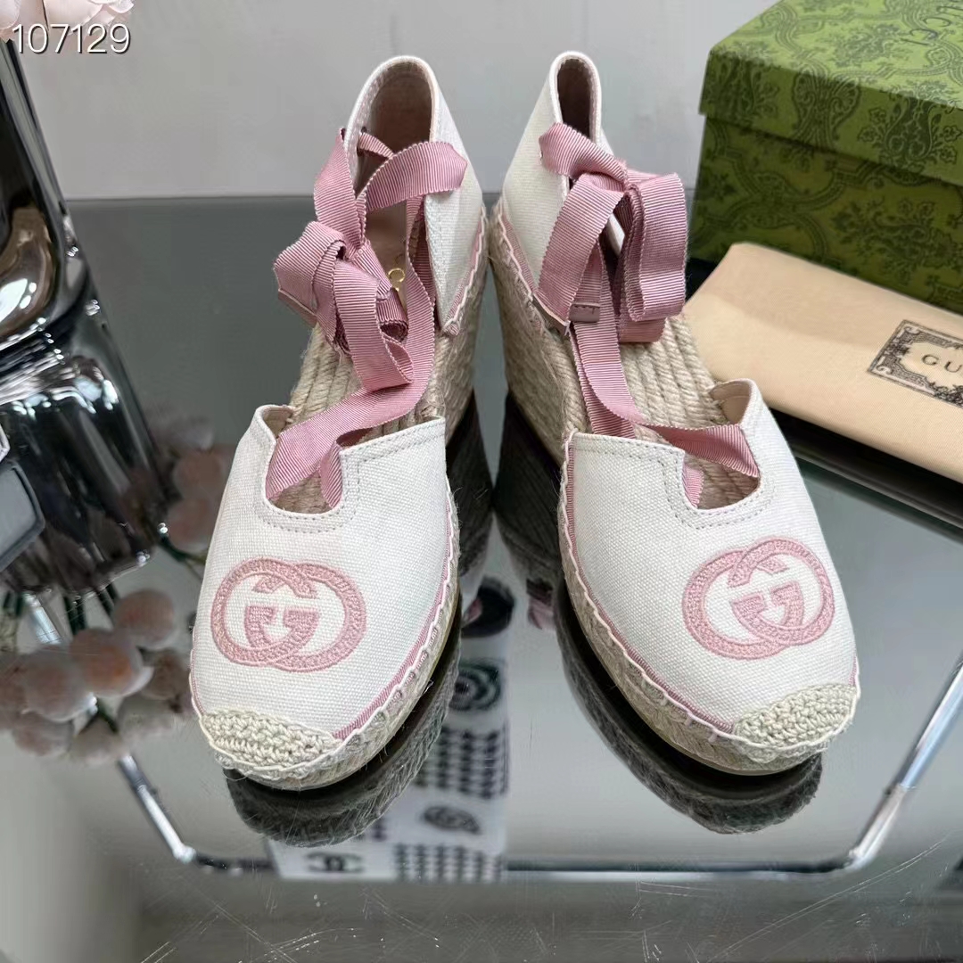 G*u*i women espadrilles ribbon tie white cotton canvas pink interlocking g embroidery
