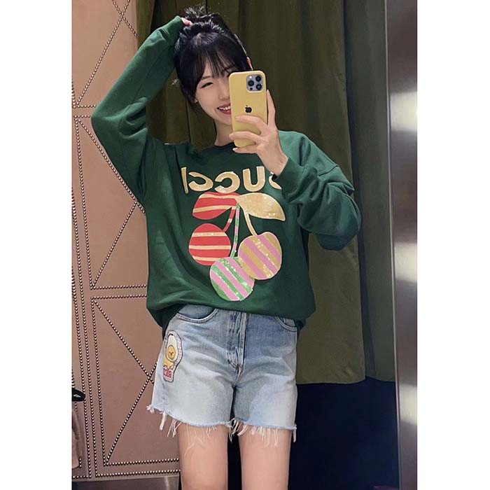 G*u*i women gg cotton jersey sweatshirt green light felted crewneck long sleeves