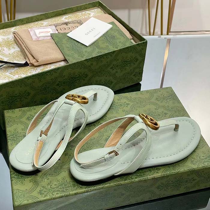 G*u*i women gg double g thong sandal light green leather flat 0.5 cm heel