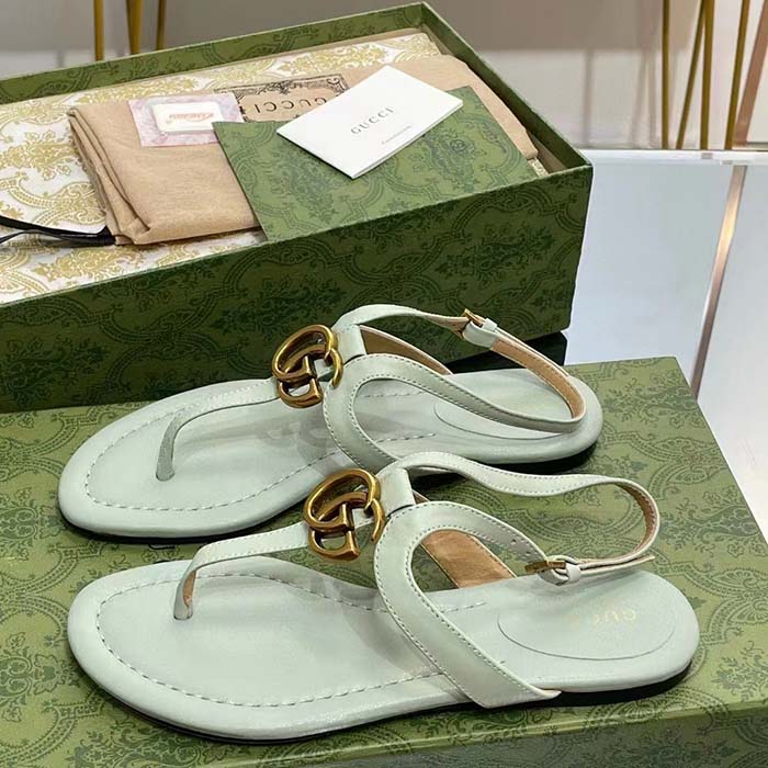 G*u*i women gg double g thong sandal light green leather flat 0.5 cm heel