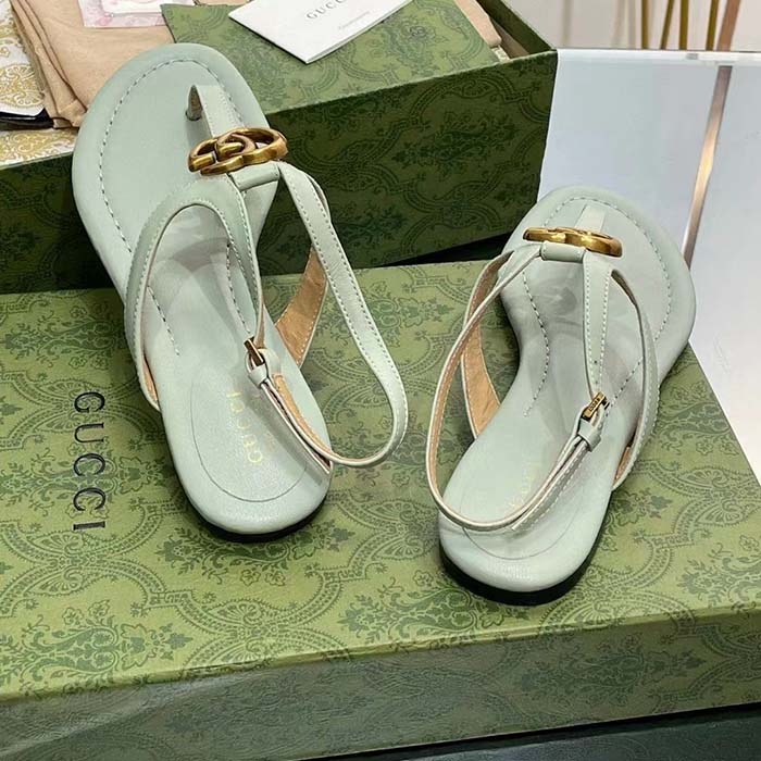 G*u*i women gg double g thong sandal light green leather flat 0.5 cm heel