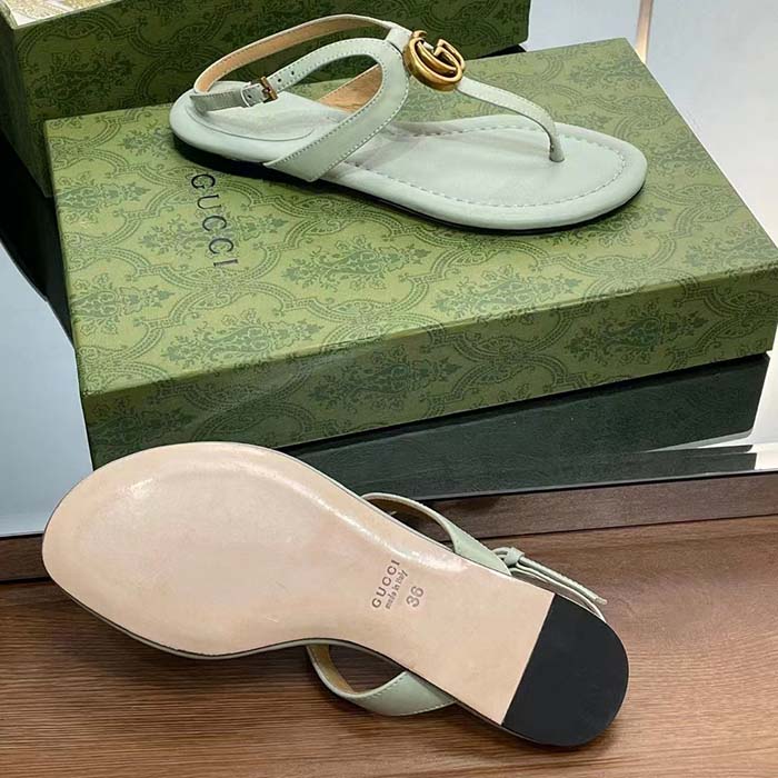 G*u*i women gg double g thong sandal light green leather flat 0.5 cm heel
