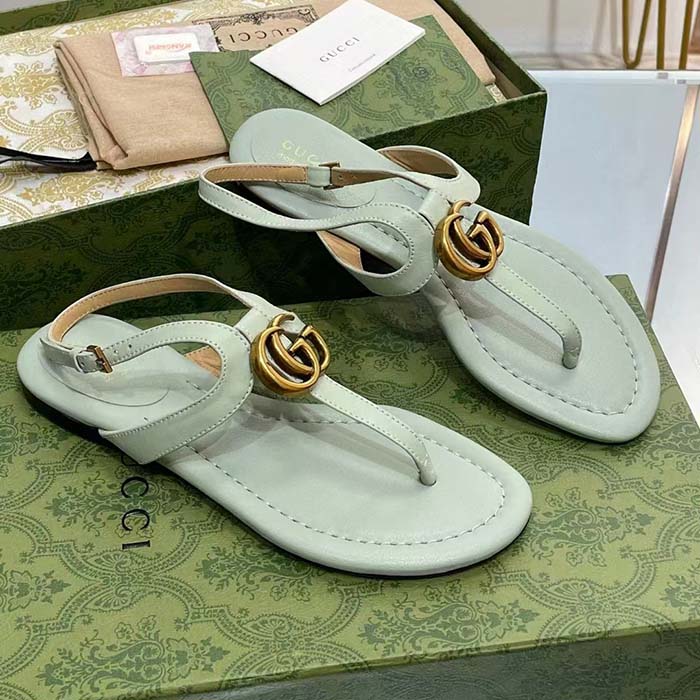 G*u*i women gg double g thong sandal light green leather flat 0.5 cm heel